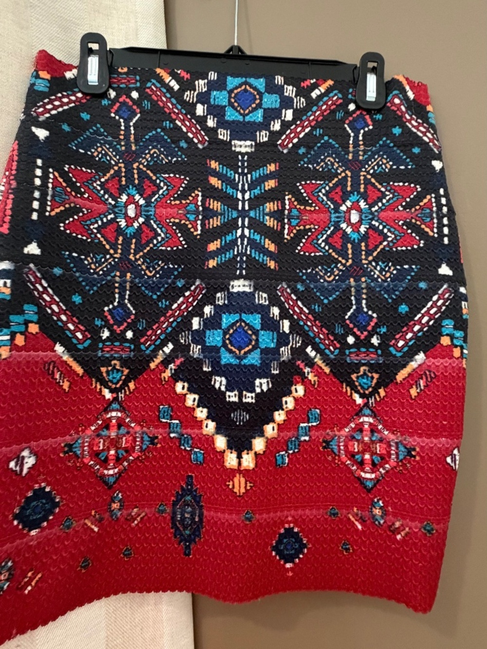 Navajo Print Bodycon Mini Skirt Vibran geometric patter, Snug fit, Size Medium